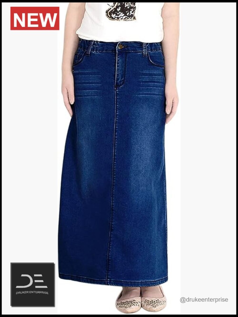 Stretch Waist Washed Denim A-line Maxi Skirt